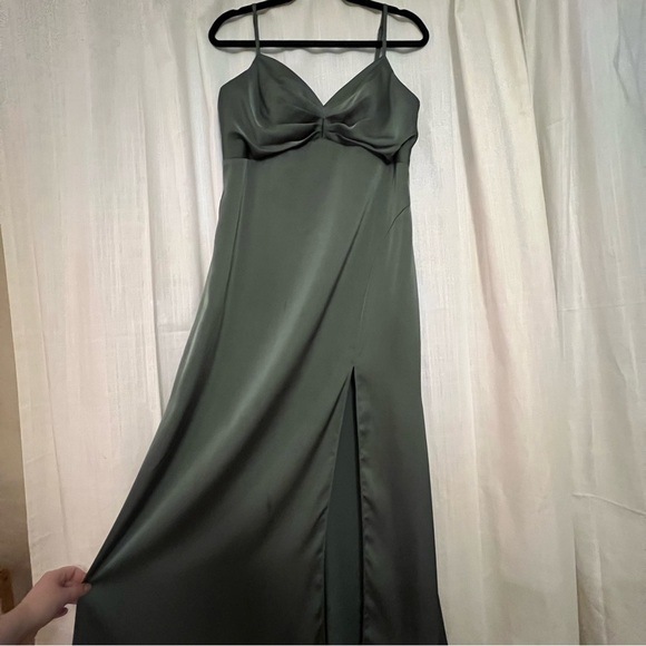 Azazie Linia Eucalyptus Mermaid Pleated Stretch Satin Dress Evening Gown Size 14 - Picture 6 of 14